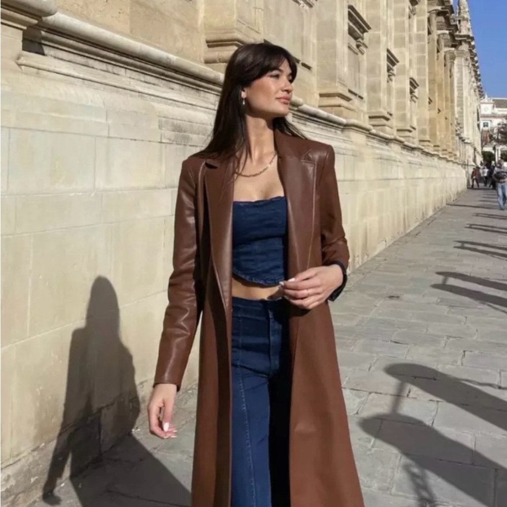 Zara Camel Brown Faux Leather Trench Coat.